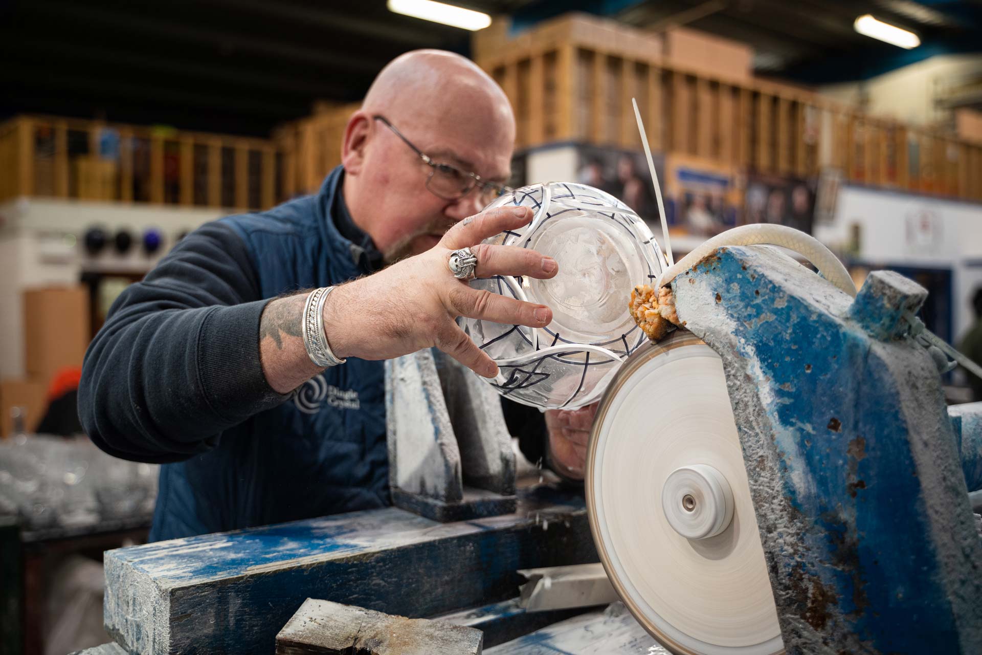 Sean working on a crystal bowl